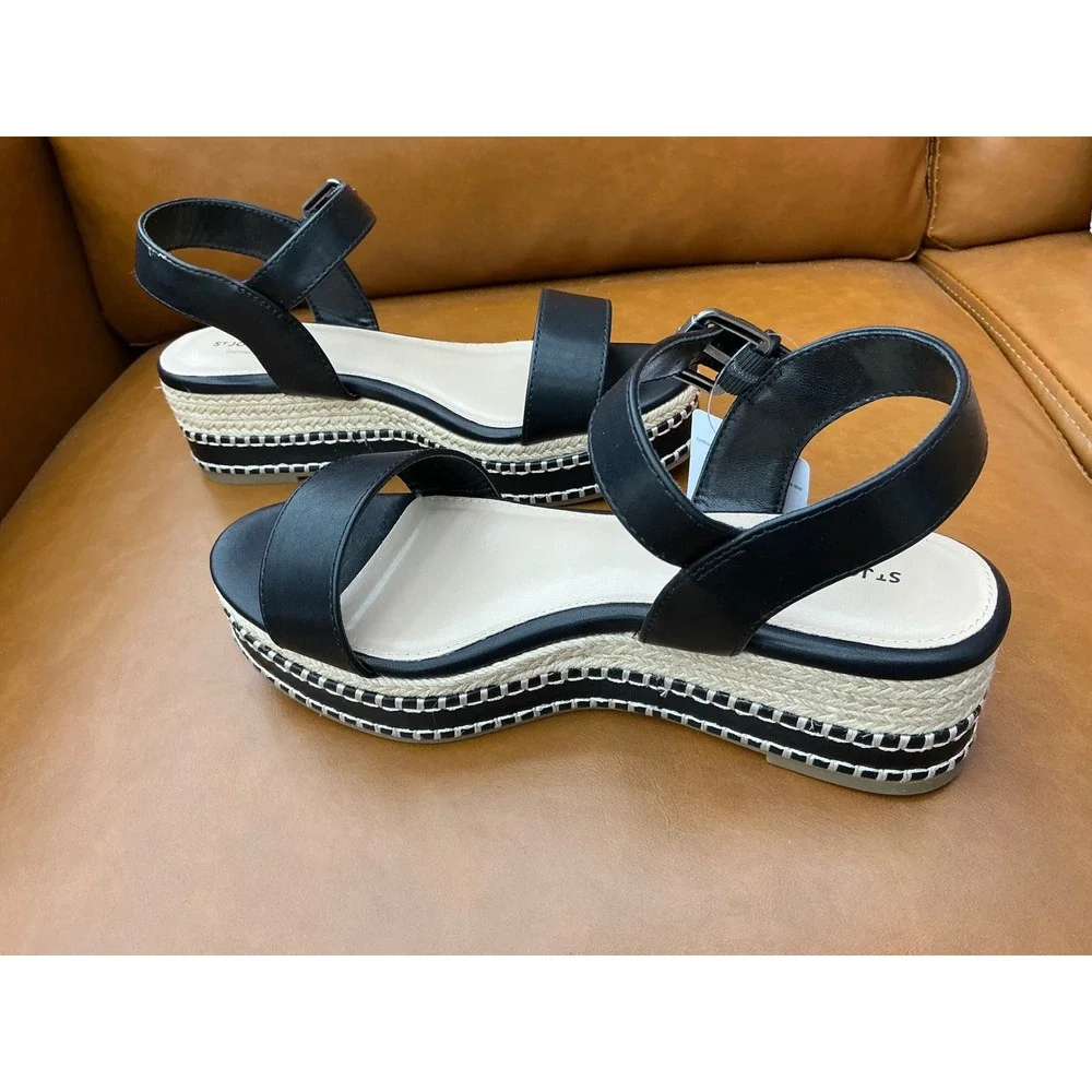 St. John's Bay Harold Platform Sandal Womens 7W Black New Espadrille Wedge